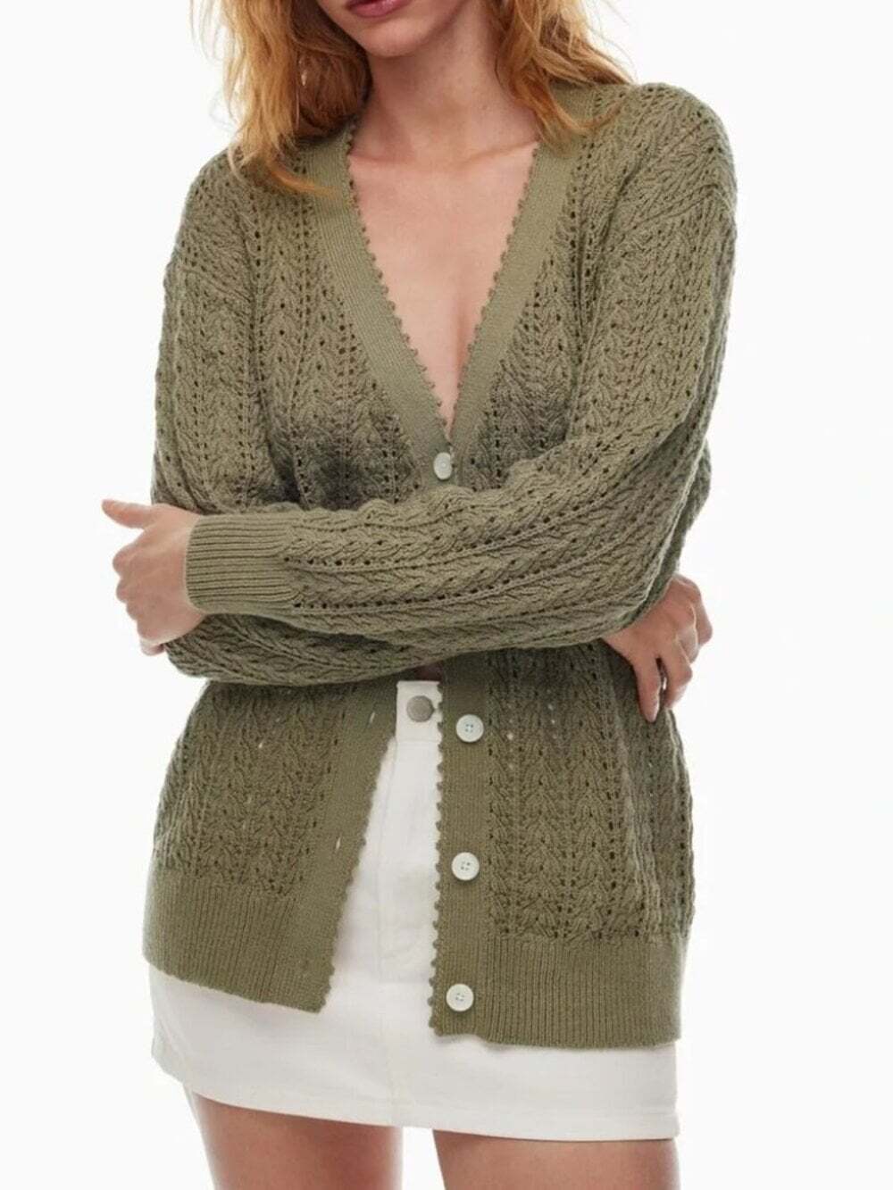 Aritzia Wilfred Reverence Cardigan Relaxed V Neck Cotton Knit Olive Green Sz XS